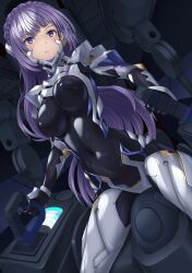 Rule 34 | 1girl, armored bodysuit, black bodysuit, bodysuit, character request, cockpit, controller, covered erect nipples, covered navel, expressionless, fortified suit, highres, impossible bodysuit, impossible clothes, joystick, kurione (zassou), long hair, muv-luv, muv-luv alternative, purple eyes, purple hair, shiny clothes, sitting, solo