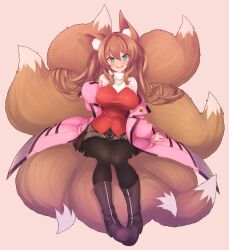 Rule 34 | 1girl, :d, animal ear fluff, animal ears, black footwear, black pantyhose, blush, boots, breasts, brown hair, coat, dot nose, fox ears, full body, green eyes, highres, knee boots, large breasts, long hair, looking at viewer, multiple tails, open mouth, original, pantyhose, pink background, pink coat, plaid, plaid skirt, plushmallow, rikumaru, shirt, sidelocks, simple background, sitting on own tail, skirt, smile, solo, straight-on, tail, twintails, white shirt