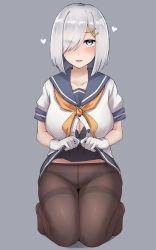 Rule 34 | 1girl, absurdres, black bra, black panties, bra, breasts, cleavage, clothes lift, collarbone, eyes visible through hair, gloves, grey background, grey hair, hair ornament, hair over one eye, hairclip, hamakaze (kancolle), highres, kantai collection, kiritto, kneeling, large breasts, looking at viewer, open clothes, open shirt, panties, pantyhose, school uniform, serafuku, shirt lift, short hair, short sleeves, simple background, solo, underwear, white gloves