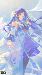 Rule 34 | 1girl, absurdres, artist request, benghuai xueyuan, bird, blue dress, blue eyes, blue hair, breasts, choker, cleavage, cloud, copyright name, detached sleeves, dress, floating hair, forehead jewel, gem, hair ornament, highres, holding, honkai (series), jyahnar (benghuai xueyuan), long hair, medium breasts, official art, pantyhose, ribbon, second-party source, solo, water drop