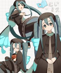 Rule 34 | 1girl, absurdres, blue hair, blue wings, blush, book, brown cape, brown dress, brown headwear, brown necktie, bug miku (project voltage), butterfly wings, cape, character name, closed eyes, commentary, creatures (company), dress, eyeshadow, fake wings, game freak, grey eyeshadow, hair between eyes, hair through headwear, hatsune miku, highres, holding, holding book, insect wings, knees up, lapis100110, long hair, long sleeves, looking at viewer, makeup, multiple views, necktie, nintendo, open book, open mouth, own hands together, pokemon, project voltage, sitting, sleeping, twintails, very long hair, vocaloid, wings, zzz