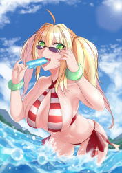 Rule 34 | 1girl, ahoge, bent over, bikini, blonde hair, bracelet, breasts, day, eating, fate/grand order, fate (series), food, from below, gluteal fold, green eyes, hair intakes, halterneck, highres, jewelry, large breasts, long hair, looking at viewer, mrnn, nero claudius (fate), nero claudius (fate) (all), nero claudius (swimsuit caster) (fate), ocean, open mouth, outdoors, popsicle, side-tie bikini bottom, sky, solo, splashing, striped bikini, striped clothes, sun, sunglasses, swimsuit, tongue, tongue out, twintails, wading, water