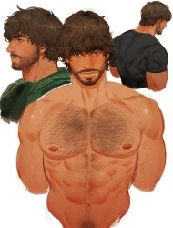 Rule 34 | 1boy, abs, bara, beard, biceps, body hair, brown hair, carlos oliveira, collage, cropped torso, facial hair, from behind, from side, looking at viewer, male focus, manly, multiple views, muscular, mustache, nipples, owowowo e, pectorals, resident evil, resident evil 3, resident evil 3: nemesis, resident evil 3 (remake), shirt, simple background, upper body