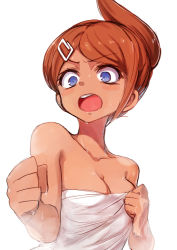 Rule 34 | &gt;:0, 10s, 1girl, :o, angry, asahina aoi, bare arms, bare shoulders, blue eyes, blush, breasts, brown hair, cleavage, clenched hands, collarbone, danganronpa: trigger happy havoc, danganronpa (series), dark-skinned female, dark skin, embarrassed, female focus, folded ponytail, hair ornament, hairclip, hands up, looking at viewer, medium breasts, naked towel, neck, open mouth, ponytail, round teeth, shiny skin, short hair, solo, teeth, towel, tsunemi aosa, upper body, upper teeth only, wet, white background, white towel