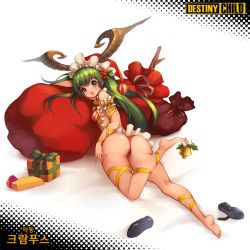 Rule 34 | 1girl, :d, ass, barefoot, bell, bow, box, breasts, christmas, copyright name, covered erect nipples, destiny child, frills, full body, gift, gift bag, gift box, green eyes, green hair, horns, krampus (destiny child), looking at viewer, looking back, lying, medium breasts, on stomach, open mouth, panties, red panties, smile, solo, thong, toriseru (rare stone), underwear