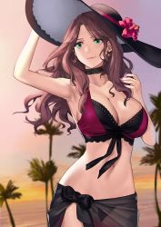 Rule 34 | 1girl, armpits, bikini, blurry, blurry background, breasts, brown hair, cleavage, dorothea arnault, fire emblem, fire emblem: three houses, fire emblem heroes, flower, green eyes, hat, hat flower, highres, j@ck, large breasts, long hair, nail polish, navel, nintendo, palm tree, sarong, see-through, smile, solo, stomach, sun hat, swimsuit, tree