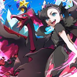 Rule 34 | 1girl, arm behind back, asymmetrical bangs, ayo (ayosanri009), black dress, black hair, blue eyes, creatures (company), dress, earrings, embers, eyelashes, from side, galarian form, galarian moltres, game freak, gen 8 pokemon, green eyes, jewelry, legendary pokemon, marnie (champion) (pokemon), marnie (pokemon), nintendo, official alternate costume, open mouth, pokemon, pokemon (creature), pokemon masters ex, short sleeves, teeth, tiara, tongue, tongue out, twintails, upper teeth only