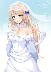 Rule 34 | 1girl, bare shoulders, blonde hair, blue eyes, blurry, blush, bokeh, braid, braided bangs, breasts, bridal veil, choker, cleavage, collarbone, dated, depth of field, dress, earrings, elbow gloves, g36 (girls&#039; frontline), g36 (pure white cornflower) (girls&#039; frontline), girls&#039; frontline, gloves, gradient background, hand on own chest, hand up, jewelry, light particles, long hair, looking at viewer, medium breasts, official alternate costume, parted lips, pendant, shawl, sidelocks, signature, smile, solo, strapless, strapless dress, twitter username, unel1211, veil, wedding dress, white dress, white gloves, wind, wind lift