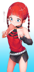 Rule 34 | 1girl, asukagawa chise, black skirt, blue background, blue eyes, blunt bangs, blush, bracelet, braid, closed mouth, collarbone, commentary request, detached sleeves, fingernails, flat chest, gradient background, gridman universe, highres, jewelry, konnyaku (kk-monmon), looking down, red hair, short hair, single detached sleeve, single sleeve, skirt, solo, ssss.dynazenon, standing, sweat, thighs, twin braids, white background