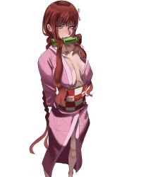 Rule 34 | 1girl, arms behind back, bit gag, bow, breasts, chainsaw man, cleavage, cosplay, dabum art, gag, gagged, highres, japanese clothes, kamado nezuko, kamado nezuko (cosplay), kimono, long hair, looking at viewer, makima (chainsaw man), medium breasts, pink bow, pink eyes, pink kimono, red hair, solo, thighs