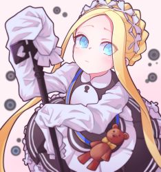 Rule 34 | 1girl, abigail williams (fate), abigail williams (festival outfit) (fate), absurdres, blonde hair, blue eyes, blush, bow, braid, commentary request, dress, eyes visible through hair, fate/grand order, fate (series), from above, highres, holding, huge filesize, jipponwazaari, key, long hair, long sleeves, looking at viewer, maid, official alternate costume, orange bow, parted bangs, sleeves past fingers, sleeves past wrists, solo, stuffed animal, stuffed toy, teddy bear, very long hair
