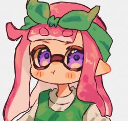 Rule 34 | 1girl, bow, bow hairband, commentary request, commission, eyebrows hidden by hair, green bow, green hairband, hair bow, hairband, highres, inkling, inkling girl, inkling player character, long hair, looking at viewer, nintendo, ochocho2828, pink hair, pointy ears, pout, purple eyes, simple background, solo, splatoon (series), tentacle hair, thick eyebrows, upper body, white background