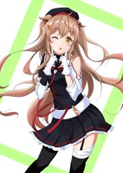 Rule 34 | 1girl, ai style, alternate breast size, asymmetrical clothes, asymmetrical legwear, belt, black pantyhose, black serafuku, black skirt, blush, breasts, brown eyes, gloves, gradient hair, green background, hair flaps, heterochromia, highres, kantai collection, light brown hair, long hair, looking at viewer, multicolored hair, murasame (kancolle), murasame kai ni (kancolle), neckerchief, one eye closed, open mouth, pantyhose, pleated skirt, red eyes, red neckerchief, school uniform, serafuku, skirt, small breasts, smile, solo, twintails, two side up, white background, white gloves