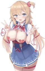Rule 34 | 1girl, absurdres, akai haato, akai haato (1st costume), blonde hair, blue eyes, blue skirt, blush, breasts, breasts out, commentary, cowboy shot, double v, hair ornament, hair ribbon, hands up, heart, heart hair ornament, heart pasties, high-waist skirt, highres, hololive, large breasts, long hair, looking at viewer, nekohuman221 (tsun221), one side up, open clothes, open mouth, open shirt, pasties, red ribbon, ribbon, shirt, short sleeves, skirt, solo, twintails, v, very long hair, virtual youtuber, white background, white shirt