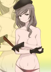 Rule 34 | 10s, 1girl, beret, black gloves, black hat, breasts, brown eyes, brown hair, cleavage, closed mouth, collarbone, covering breasts, covering privates, cowboy shot, crossed arms, dytm, folding fan, girls und panzer, gloves, hair over shoulder, hand fan, hat, highres, holding, light smile, long hair, looking at viewer, mature female, medium breasts, navel, panties, red panties, shimada chiyo, skindentation, solo, standing, topless, underwear, underwear only, yellow background, zoom layer