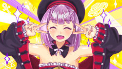 Rule 34 | 1girl, ankh, artist request, bare shoulders, black coat, black dress, black headwear, blush, closed eyes, coat, detached collar, double v, dress, emotional engine - full drive, fate/grand order, fate (series), flat chest, hands up, helena blavatsky (fate), helena blavatsky (third ascension) (fate), hexagram, highres, long sleeves, off shoulder, open clothes, open coat, open mouth, parody, purple background, purple hair, short hair, smile, solo, sparkle, star of david, strapless, strapless dress, striped, striped background, ufo, v, yellow background