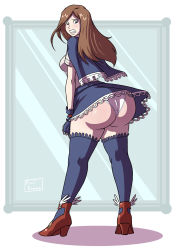 Rule 34 | 1girl, ass, axel-rosered, blue eyes, blush, breasts, brown hair, cape, castlevania (series), castlevania: portrait of ruin, charlotte aulin, clenched teeth, embarrassed, from behind, high heels, highres, huge ass, long hair, looking back, looking down, panties, shiny skin, sideboob, skirt, small breasts, solo, teeth, thighhighs, underwear, wrist cuffs