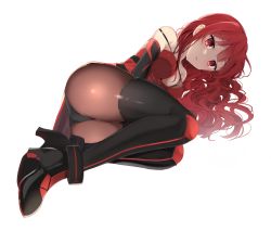 Rule 34 | 1girl, :o, ass, bad id, bad pixiv id, bare shoulders, black footwear, black gloves, black panties, boots, breasts, cleavage, closed eyes, crimson avenger (elsword), dress, elesis (elsword), elsword, expressionless, foreshortening, full body, gloves, high heel boots, high heels, long hair, looking at viewer, lying, medium breasts, on side, open mouth, panties, panties over pantyhose, pantyhose, pinb, red dress, red eyes, red hair, red thighhighs, simple background, skindentation, sleeveless, sleeveless dress, solo, strap slip, thigh boots, thighhighs, tsurime, underwear, very long hair, wavy hair, white background