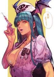 Rule 34 | 1girl, 2021, animal print, bat wings, bath, blue hair, blunt bangs, boots, border, breasts, capcom, cleavage, demon girl, green hair, hat, head wings, hungry clicker, japanese text, juliet sleeves, large breasts, long hair, long sleeves, low wings, morrigan aensland, nurse, nurse cap, one eye closed, open mouth, pink lips, puffy sleeves, simple background, skull and crossbones, solo, speech bubble, syringe, tongue, upper body, vampire (game), white border, wings, yellow background, yellow eyes