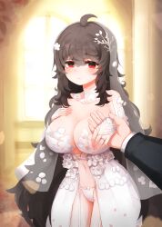 Rule 34 | 1girl, absurdres, ahoge, backlighting, bare shoulders, bloom, bow, bow panties, breasts, bridal gauntlets, bridal veil, bride, brown hair, church, cleavage, closed mouth, dress, flower, garter straps, gloves, groom, hair flower, hair ornament, hand on own chest, highres, holding hands, hwaryeok, indoors, jewelry, large breasts, lens flare, long hair, looking at viewer, navel, original, panties, pov, pov hands, red eyes, revealing clothes, ring, rose, see-through, solo focus, standing, strapless, strapless dress, tuxedo, underwear, veil, wedding, wedding dress, wedding ring, white dress, white flower, white gloves, white panties, white rose, window