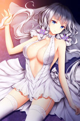 Rule 34 | 1girl, azur lane, blue eyes, breasts, cleavage, collarbone, day, dress, garter straps, halter dress, halterneck, hand up, highres, illustrious (azur lane), illustrious (morning star of love and hope) (azur lane), large breasts, long hair, looking at viewer, low twintails, lying, on back, parted lips, shade, sidelocks, silver hair, solo, spread legs, thighhighs, thighs, tsurime, twintails, very long hair, wedding dress, white dress, white thighhighs, wsman