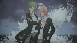 Rule 34 | 2girls, black jacket, blonde hair, blue eyes, bow, closed eyes, cloud, cloudy sky, commentary, cowboy shot, crossed arms, green hair, grey pants, gumi, hair bow, hand in pocket, hand on own chest, head tilt, highres, hood, hoodie, jacket, kagamine rin, light frown, looking at viewer, multiple girls, night, outdoors, overcast, pants, short hair, sidelocks, sky, standing, vocaloid, waves, white bow, white hoodie, wounds404