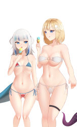 Rule 34 | absurdres, bikini, blonde hair, blue bikini, blue eyes, breasts, eyebrows hidden by hair, fins, fish tail, flat chest, food, gawr gura, hair ornament, highres, hololive, hololive english, holomyth, ice cream, ice cream cone, large breasts, licking lips, long hair, looking at another, looking to the side, micro bikini, multicolored hair, navel, ninomae ina&#039;nis, o-ring, o-ring bikini, open mouth, purewhite draw, ribs, ringed eyes, shark girl, shark hair ornament, shark print, shark tail, sharp teeth, short hair, side-tie bikini bottom, simple background, skindentation, streaked hair, swimsuit, tail, teeth, thigh strap, tongue, tongue out, underboob, upper body, virtual youtuber, watson amelia, white background, white bikini