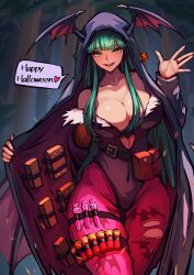 Rule 34 | 1girl, absurdres, ammunition, ap cammy, black cloak, blunt bangs, blurry, blurry background, breasts, cleavage, cloak, clothing cutout, commentary, cowboy shot, english text, green eyes, green hair, head wings, highres, large breasts, looking at viewer, morrigan aensland, outdoors, pantyhose, shotgun shell, smile, solo, speech bubble, torn clothes, torn pantyhose, vampire (game), wings