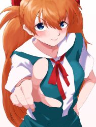 Rule 34 | 1girl, :&gt;, absurdres, artist request, blue eyes, blush, bow, bowtie, breasts, collared shirt, from side, hair between eyes, hand on own hip, highres, index finger raised, interface headset, lips, long hair, medium breasts, neon genesis evangelion, orange hair, school uniform, shirt, short sleeves, skirt, solo, souryuu asuka langley, suspender skirt, suspenders, tokyo-3 middle school uniform, tsundere, two side up, very long hair, white background, white shirt