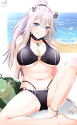 Rule 34 | 1girl, absurdres, ahoge, alternate breast size, animal ears, bare shoulders, bikini, black bikini, breasts, cleavage, commentary request, dated, ear piercing, grey eyes, grey hair, hair between eyes, high ponytail, highres, hololive, large breasts, lion ears, lion girl, lion tail, long hair, looking at viewer, navel, piercing, rudo (rudoes3121), shishiro botan, signature, smile, solo, swimsuit, tail, teeth, very long hair, virtual youtuber, wet