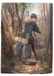 Rule 34 | 1girl, bicycle, black hair, black pantyhose, boots, border, brown footwear, closed mouth, coat, day, forest, fur-trimmed coat, fur trim, highres, hood, hood down, looking at viewer, looking back, nature, outdoors, pantyhose, pantyhose under shorts, path, psi (583278318), purple eyes, riding, road, shima rin, shorts, smile, solo, tree, white border, yurucamp