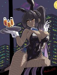 Rule 34 | 1girl, animal ears, badluck2033, black hair, black leotard, blue archive, bow, bowtie, breasts, building, cup, dark-skinned female, dark skin, detached collar, drinking glass, expressionless, fake animal ears, fishnet pantyhose, fishnets, gloves, gradient hair, halo, highres, holding, holding tray, karin (blue archive), karin (bunny) (blue archive), large breasts, leotard, long hair, looking to the side, moon, multicolored hair, night, orange eyes, pantyhose, parted lips, playboy bunny, ponytail, purple hair, solo, tray, two-tone hair, very long hair, white gloves, wrist cuffs