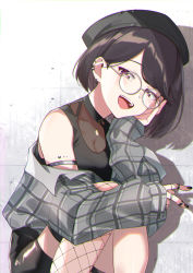 Rule 34 | 1girl, beret, black hat, black nails, black shirt, black shorts, breasts, brown hair, cleavage, commentary request, ear piercing, feet out of frame, fishnet thighhighs, fishnets, glasses, grey jacket, halterneck, hand on own cheek, hand on own face, hat, highres, jacket, jewelry, long sleeves, looking at viewer, nail polish, necklace, nijisanji, off shoulder, open mouth, piercing, plaid, plaid jacket, red eyes, round eyewear, see-through, seto miyako, shadow, shirt, short hair, shorts, single thighhigh, sleeveless, sleeveless shirt, sleeves past wrists, smile, solo, squatting, teeth, thighhighs, upper teeth only, v, virtual youtuber, yuama (drop)