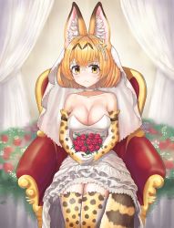 Rule 34 | 1girl, :3, alternate costume, animal ears, bare shoulders, blush, bouquet, breasts, chair, cleavage, closed mouth, collarbone, dress, elbow gloves, fang, fang out, flower, garter straps, gloves, highres, holding, holding bouquet, kemono friends, large breasts, looking at viewer, multicolored clothes, multicolored gloves, neukkom, off-shoulder dress, off shoulder, orange eyes, orange gloves, orange hair, orange thighhighs, serval (kemono friends), serval print, short hair, sitting, smile, solo, tail, thighhighs, wedding dress, white dress, white gloves