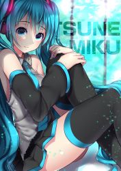 Rule 34 | 1girl, aqua eyes, aqua hair, buta tamako, character name, detached sleeves, from side, hatsune miku, highres, hugging own legs, long hair, looking at viewer, necktie, sitting, skirt, smile, solo, thighhighs, twintails, very long hair, vocaloid