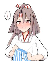 Rule 34 | ..., 1girl, @ @, apron, blush, commentary, grey hair, high ponytail, highres, holding, holding clothes, japanese clothes, kantai collection, kappougi, long hair, nose blush, shiming liangjing, shorts, simple background, solo, spoken ellipsis, striped clothes, striped shorts, sweat, symbol-only commentary, upper body, white background, zuihou (kancolle)