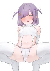 Rule 34 | 1girl, absurdres, bare shoulders, blush, breasts, commission, covered erect nipples, eien project, green eyes, heart, heart-shaped pupils, highres, looking at viewer, meme attire, navel, open mouth, panties, purple hair, second-party source, short hair, small breasts, solo, spread legs, stomach, strigidae, symbol-shaped pupils, thighhighs, underwear, virgin destroyer sweater, virtual youtuber, white panties, white thighhighs, zumi dokumi