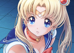 Rule 34 | 1girl, bishoujo senshi sailor moon, blonde hair, blue background, blue eyes, blue sailor collar, bow, bowtie, breasts, choker, cleavage, crescent, crescent earrings, derivative work, earrings, from side, hair ornament, heart, heart choker, highres, jewelry, meme, parted bangs, parted lips, red bow, red bowtie, red choker, sailor collar, sailor moon, sailor moon redraw challenge (meme), school uniform, screenshot redraw, serafuku, solo, sweatdrop, tiara, tsukino usagi, twintails, upper body, v-mag