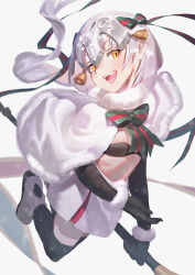 Rule 34 | 1girl, :d, bell, black gloves, black thighhighs, blush, capelet, elbow gloves, fate/grand order, fate (series), gloves, helmet, jeanne d&#039;arc (fate), jeanne d&#039;arc alter (fate), jeanne d&#039;arc alter santa lily (fate), karasu-san (syh3iua83), looking at viewer, open mouth, silver hair, simple background, smile, solo, teeth, thighhighs, white background, yellow eyes
