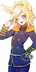 Rule 34 | absurdres, animal ear fluff, animal ears, belt, blonde hair, blush, commission, copyright request, cowboy shot, gender request, gloves, grey belt, grey gloves, hand on own hip, highres, long sleeves, medium hair, military, military uniform, one eye closed, open mouth, purple eyes, salute, skeb commission, smile, solo, st (youx1119), uniform