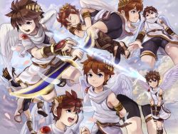 Rule 34 | 1boy, belt, bike shorts, blue eyes, blush, bow (weapon), brown hair, bulge, covering privates, closed eyes, fingerless gloves, from below, frown, gloves, highres, kid icarus, kujiranohane, lying, male focus, multiple views, nintendo, on side, open mouth, pit (kid icarus), sandals, scarf, short hair, sleeping, smile, tunic, weapon, wings