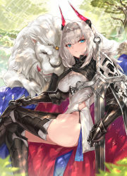 Rule 34 | 1girl, armor, black cloak, blue eyes, breasts, circlet, cloak, crossed legs, day, dress, gauntlets, greaves, highres, horns, large breasts, lion, ohland, original, outdoors, pelvic curtain, sidelocks, sitting, slit pupils, sword, thighs, weapon, white dress, white hair