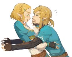 Rule 34 | 1boy, 1girl, ?, black gloves, blonde hair, blue eyes, blue shirt, blush, braid, commentary, covering another&#039;s mouth, crown braid, ear piercing, fingerless gloves, gloves, green eyes, half-closed eyes, hand on another&#039;s face, hand over another&#039;s mouth, hetero, link, nintendo, piercing, pointy ears, princess zelda, profile, shirt, short ponytail, sidelocks, simple background, smile, sweatdrop, the legend of zelda, the legend of zelda: breath of the wild, the legend of zelda: tears of the kingdom, white background, wufaxianshi cnd