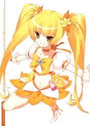 Rule 34 | 10s, 1girl, absurdres, blonde hair, bow, brooch, cure sunshine, foreshortening, gem, gloves, heart, heart brooch, heartcatch precure!, highres, jewelry, long hair, magical girl, midriff, myoudouin itsuki, orange bow, outstretched arms, precure, puffy short sleeves, puffy sleeves, shirahane nao, short sleeves, simple background, solo, tsurime, twintails, very long hair, white background, white gloves, yellow bow, yellow eyes
