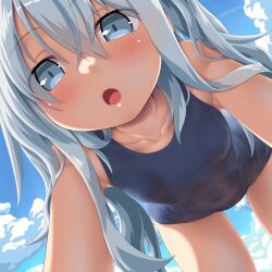 Rule 34 | 1girl, black one-piece swimsuit, blue eyes, blush, collarbone, cowboy shot, dated, day, dd (ijigendd), grey hair, hair between eyes, hibiki (kancolle), highres, kantai collection, long hair, one-piece swimsuit, open mouth, outdoors, school swimsuit, solo, swimsuit, twitter username
