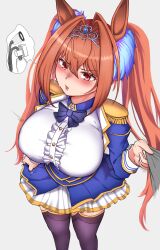 Rule 34 | 1girl, absurdres, animal ears, blue skirt, blush, breasts, brown hair, buttons, commentary request, cowboy shot, daiwa scarlet (umamusume), epaulettes, fang, hair between eyes, hair intakes, hairband, highres, horse ears, horse girl, juliet sleeves, large breasts, long hair, long sleeves, looking at viewer, newbienoodles, open mouth, pleated skirt, puffy sleeves, red eyes, skin fang, skirt, smile, solo, tiara, twintails, umamusume