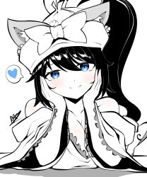 Rule 34 | 1girl, absurdres, animal ears, bare shoulders, black hair, blue eyes, blue heart, blush, bow, bowtie, breasts, cat ears, hands on own face, hat, heart, highres, japanese clothes, kimono, large breasts, looking at viewer, mitama (nyanko daisensou), nyanko daisensou, ponytail, signature, smile, user ktrx7538