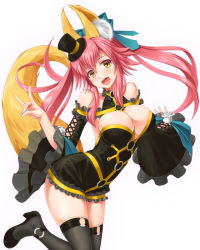 Rule 34 | 10s, 1girl, animal ears, bare shoulders, black footwear, black hat, black thighhighs, blue bow, bow, breasts, bridal garter, brown eyes, cleavage, cleavage cutout, clothing cutout, collarbone, colored eyelashes, detached sleeves, fang, fate/extra, fate (series), flower, fox ears, fox tail, frills, frils, hair between eyes, hair bow, hat, head tilt, high heels, hobenkei, large breasts, leg up, long sleeves, looking at viewer, m/, mini hat, mini top hat, o-ring, o-ring legwear, official alternate costume, open mouth, pink hair, rose, see-through, shoes, simple background, skindentation, solo, standing, standing on one leg, tail, tamamo (fate), tamamo no mae (fate/extra), tamamo no mae (sable mage) (fate), tareme, teeth, thighhighs, top hat, twintails, white background, white flower, white rose, zettai ryouiki