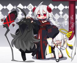 Rule 34 | 3girls, ahoge, ai ai gasa, arms up, arrow (symbol), ascot, black kimono, black skirt, black sweater, black thighhighs, blank eyes, blonde hair, blunt bangs, blush, bound, collared vest, commentary request, curled horns, detached sleeves, earrings, fang, grey hair, hair flaps, hair ornament, halo, hand up, head grab, horns, japanese clothes, jewelry, kimono, kisaragi kaya, long hair, long sleeves, looking at another, magatama, magatama earrings, magatama necklace, mary janes, misumaru tama (kisaragi kaya), multicolored hair, multiple girls, necklace, obi, obijime, one eye closed, original, paw print, pleated skirt, red ascot, red eyes, red horns, red nails, red pupils, red sash, sash, shoes, single bare shoulder, skin fang, skirt, smear frame, standing, streaked hair, sweater, tearing up, thighhighs, tic-tac-toe, trembling, twintails, vandalized, very long hair, vest, white hair, white thighhighs, white vest, wide sleeves, yste