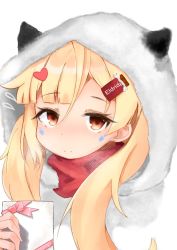 Rule 34 | 1girl, ahoge, animal hood, azur lane, bad id, bad pixiv id, blonde hair, blush, box, brown hair, character name, closed mouth, commentary request, eldridge (azur lane), facial mark, flying sweatdrops, gift, gift box, hair ornament, heart, heart hair ornament, holding, holding gift, hood, hood up, long hair, looking at viewer, nose blush, red scarf, sa ka (sakanoya), scarf, simple background, smile, solo, valentine, white background